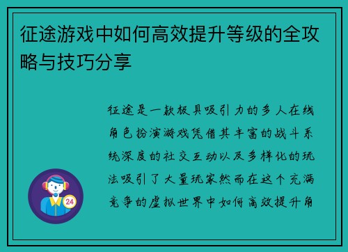 征途游戏中如何高效提升等级的全攻略与技巧分享